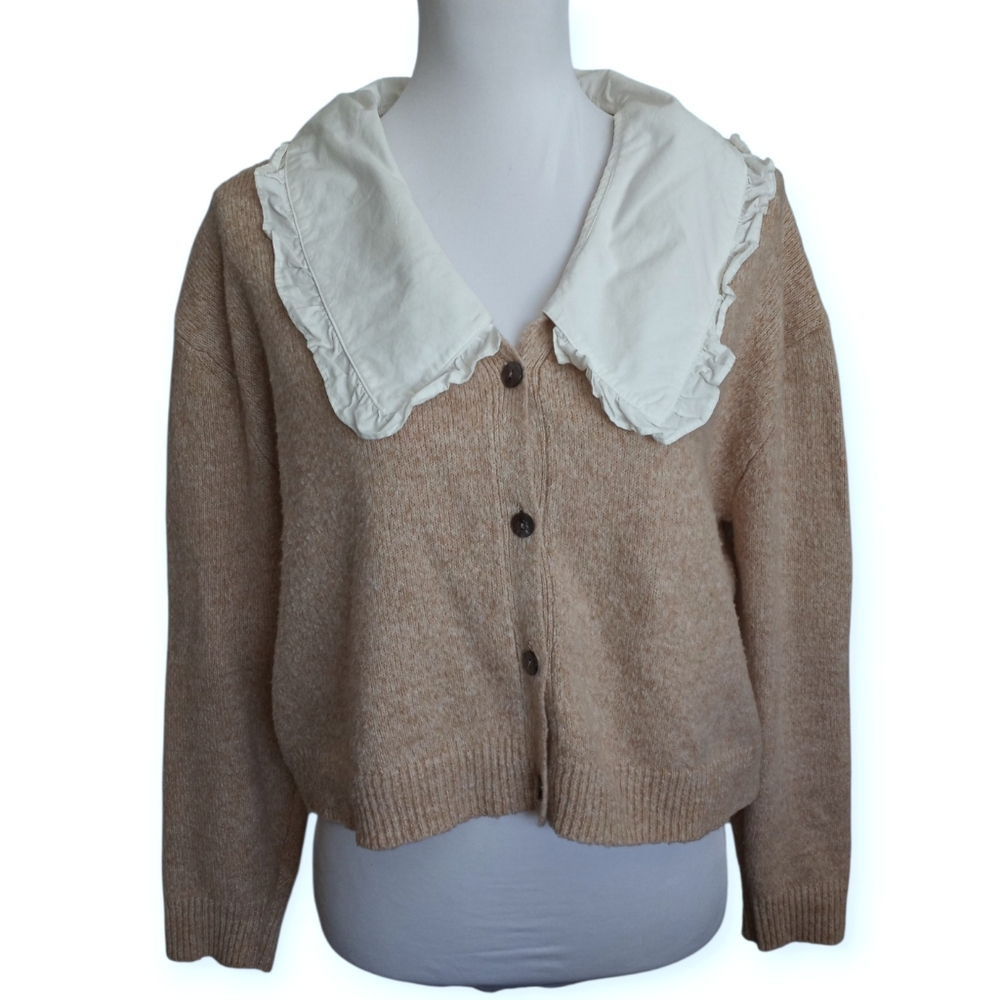 Anthropologie By Saturday Sunday Tan Cardigan with White Collar Sz.M EUC